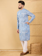 Men Blue Viscose Rayon Geometric Embroidered Straight Kurta with Trouser-MKSET1036