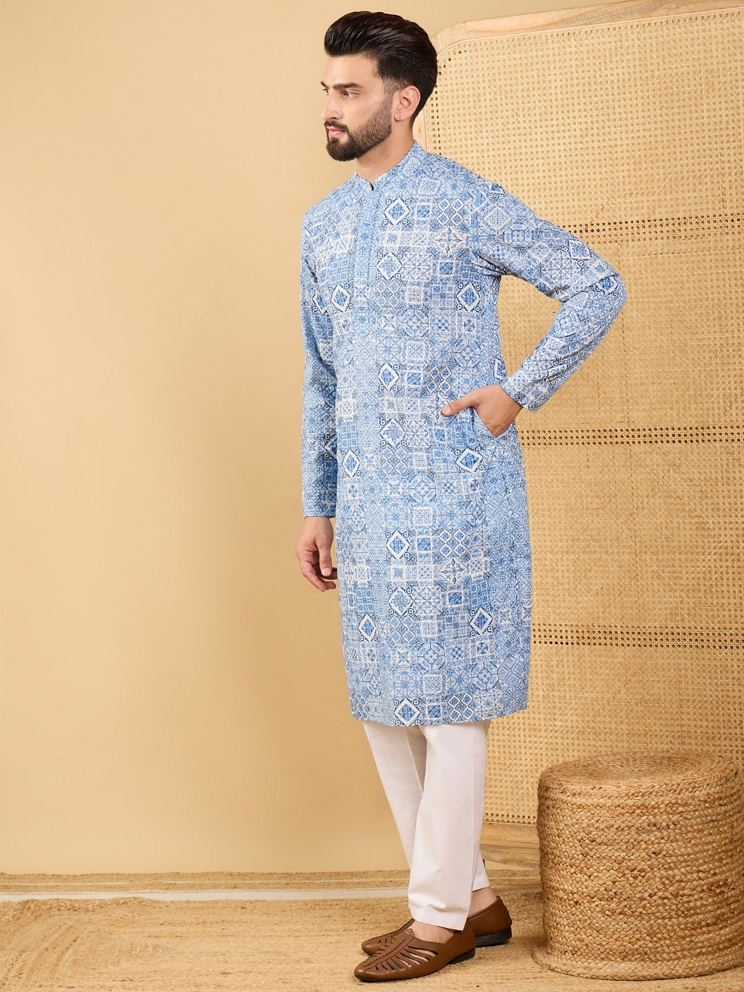 Men Blue Viscose Rayon Geometric Embroidered Straight Kurta with Trouser-MKSET1036