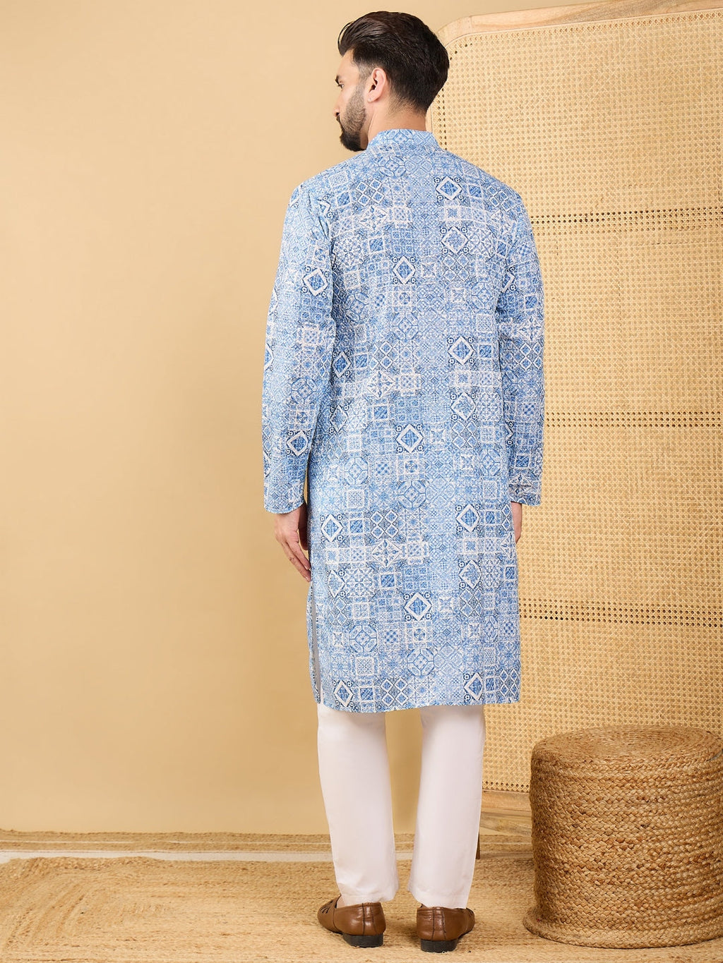 Men Blue Viscose Rayon Geometric Embroidered Straight Kurta with Trouser-MKSET1036