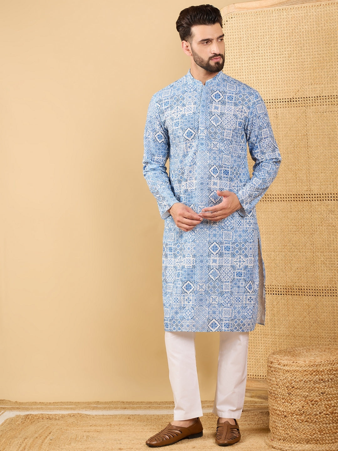 Men Blue Viscose Rayon Geometric Embroidered Straight Kurta with Trouser-MKSET1036