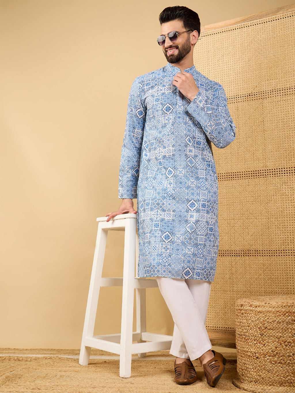 Men Blue Viscose Rayon Geometric Embroidered Straight Kurta with Trouser-MKSET1036