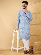 Men Blue Viscose Rayon Geometric Embroidered Straight Kurta with Trouser-MKSET1036
