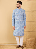 Men Blue Viscose Rayon Geometric Embroidered Straight Kurta with Trouser-MKSET1036