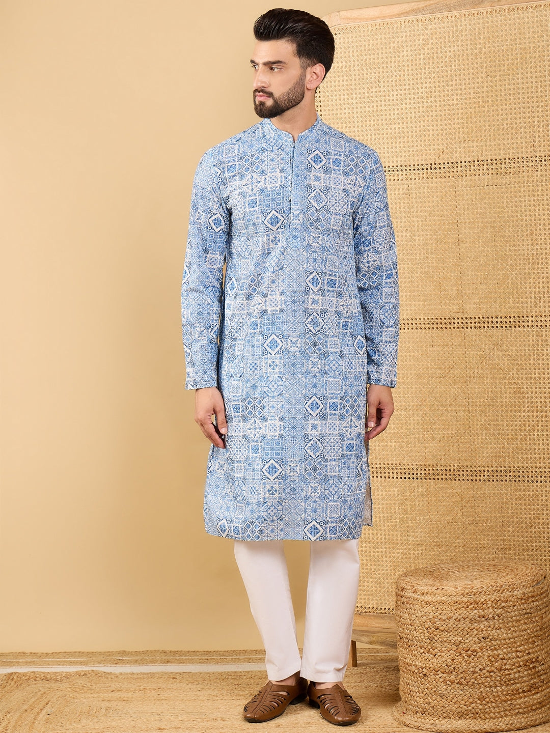Men Blue Viscose Rayon Geometric Embroidered Straight Kurta with Trouser-MKSET1036