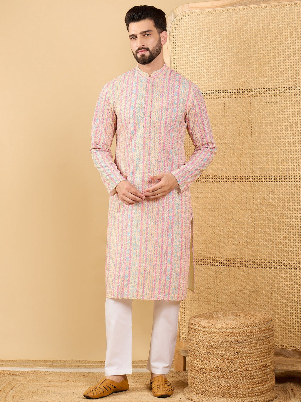 Men Multi Viscose Rayon Striped Embroidered Straight Kurta with Trouser-MKSET1038