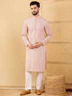 Men Multi Viscose Rayon Striped Embroidered Straight Kurta with Trouser-MKSET1038
