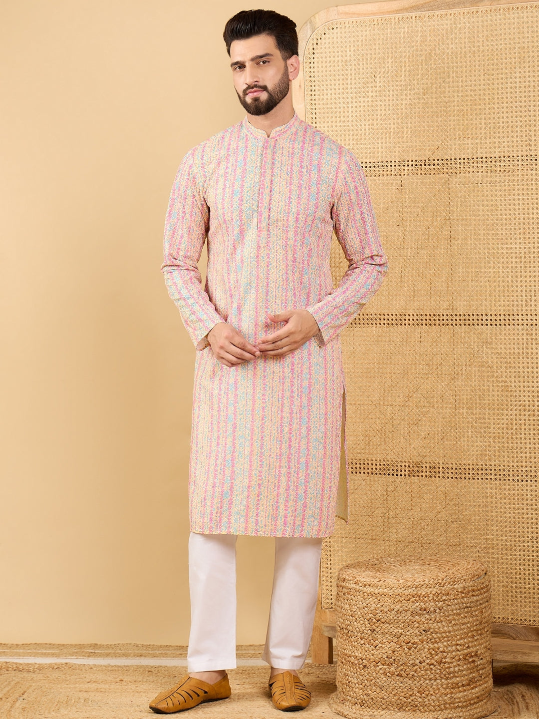 Men Multi Viscose Rayon Striped Embroidered Straight Kurta with Trouser-MKSET1038