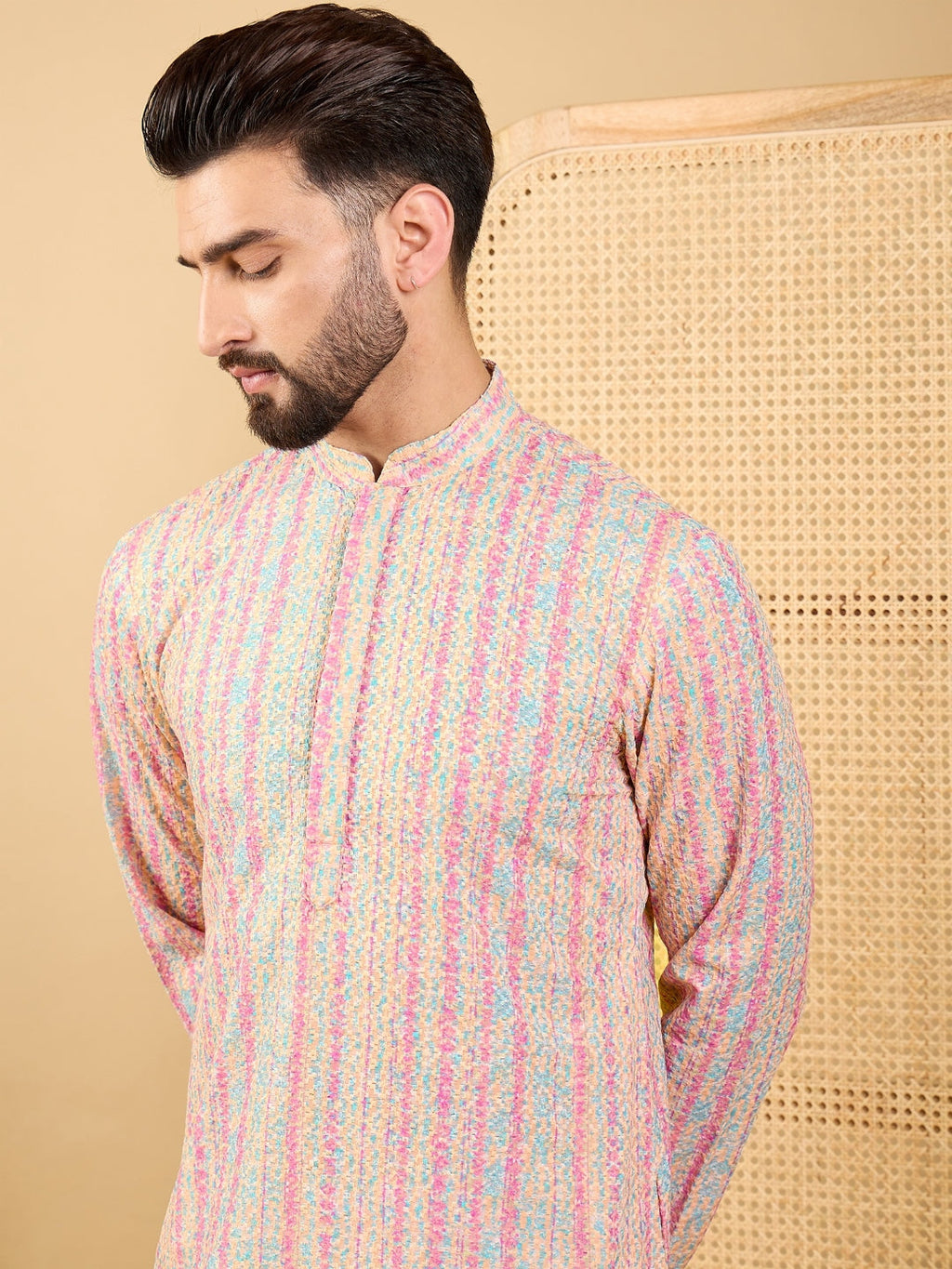 Men Multi Viscose Rayon Striped Embroidered Straight Kurta with Trouser-MKSET1038