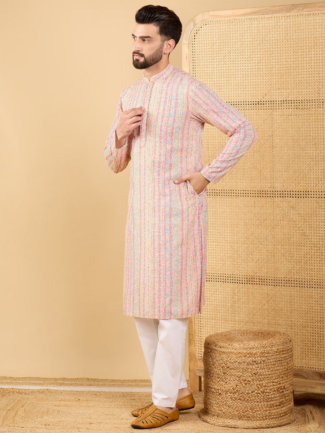 Men Multi Viscose Rayon Striped Embroidered Straight Kurta with Trouser-MKSET1038