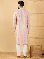 Men Multi Viscose Rayon Striped Embroidered Straight Kurta with Trouser-MKSET1038