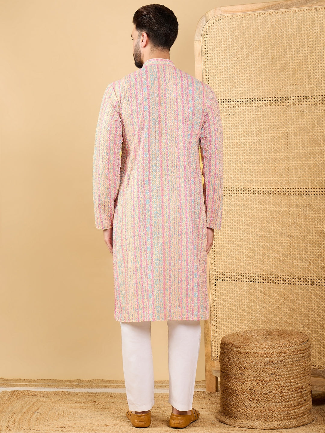 Men Multi Viscose Rayon Striped Embroidered Straight Kurta with Trouser-MKSET1038