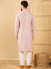 Men Multi Viscose Rayon Striped Embroidered Straight Kurta with Trouser-MKSET1038