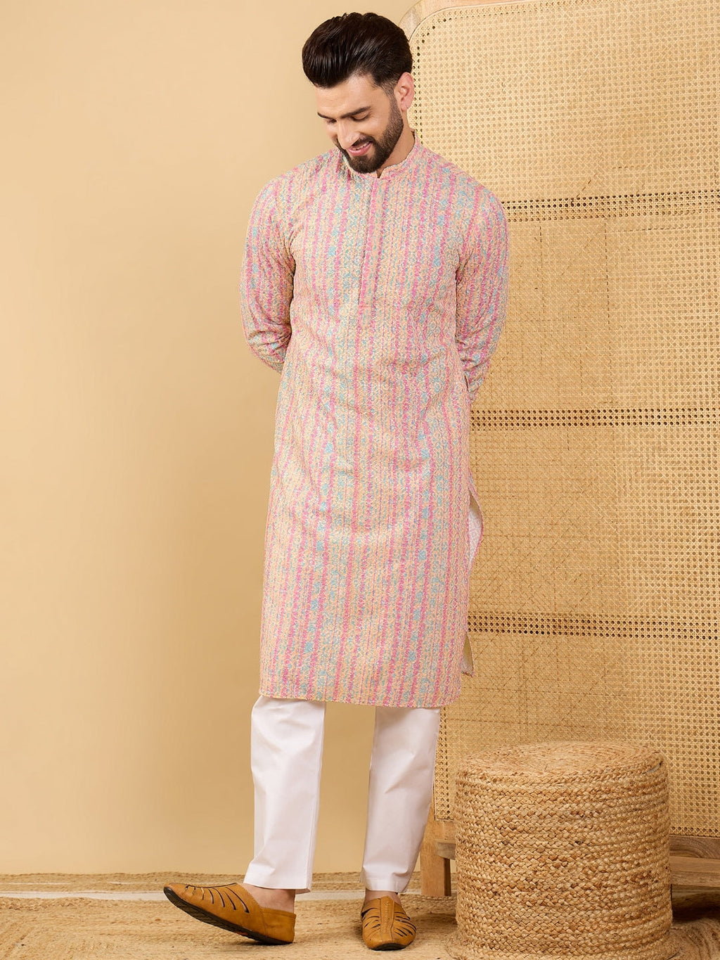 Men Multi Viscose Rayon Striped Embroidered Straight Kurta with Trouser-MKSET1038