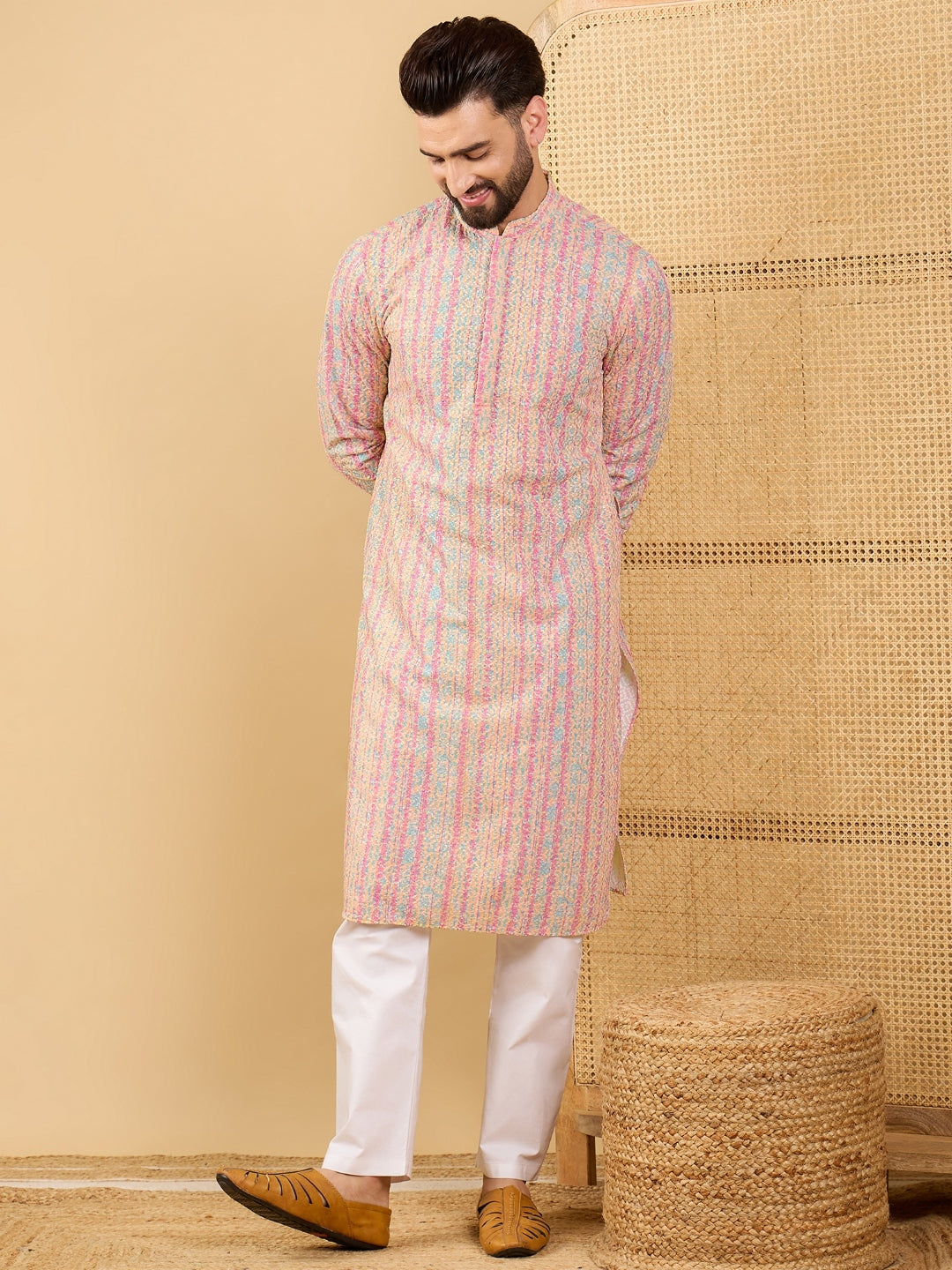 Men Multi Viscose Rayon Striped Embroidered Straight Kurta with Trouser-MKSET1038