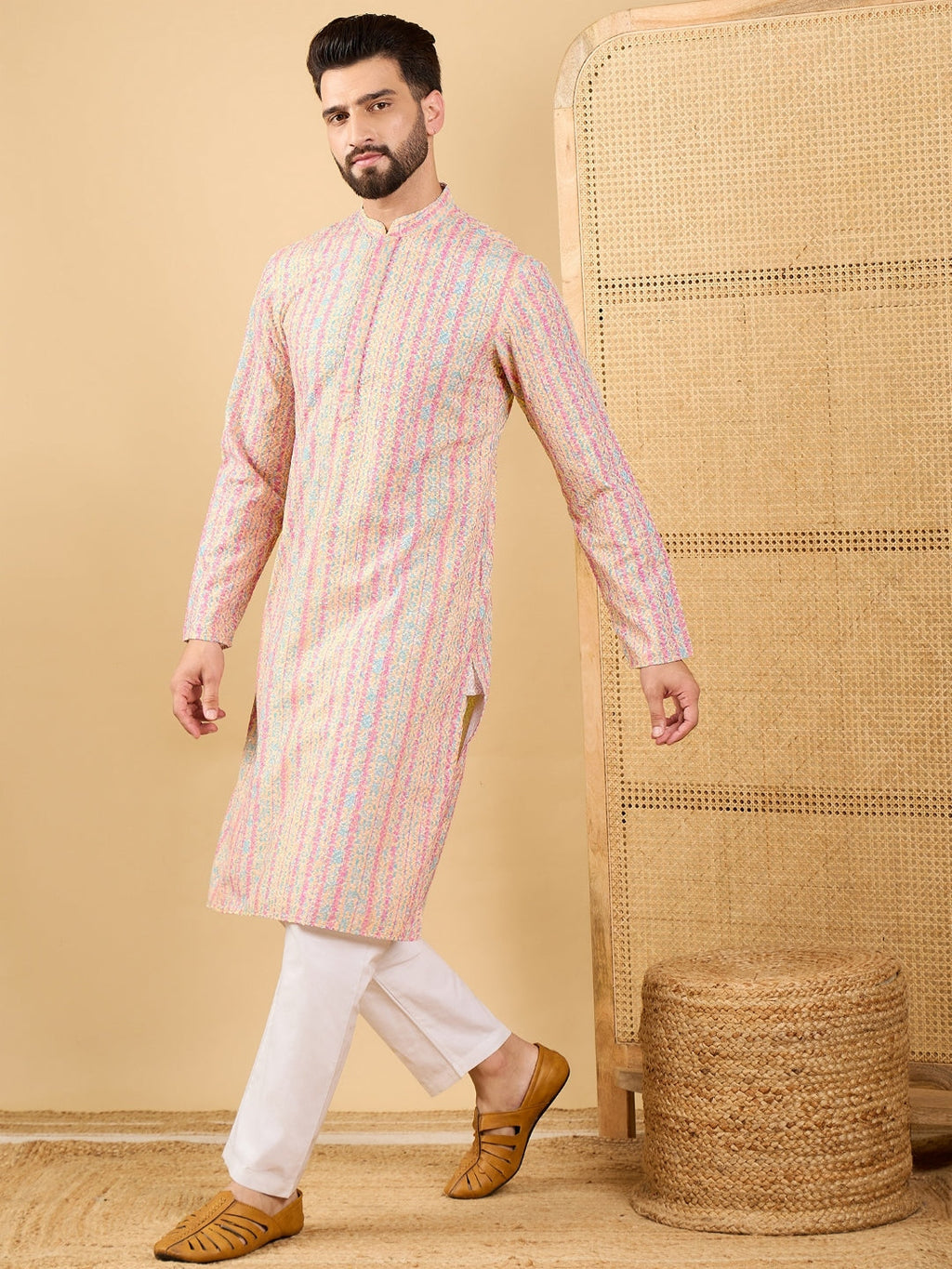 Men Multi Viscose Rayon Striped Embroidered Straight Kurta with Trouser-MKSET1038