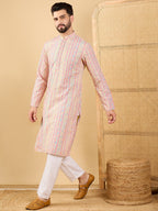 Men Multi Viscose Rayon Striped Embroidered Straight Kurta with Trouser-MKSET1038