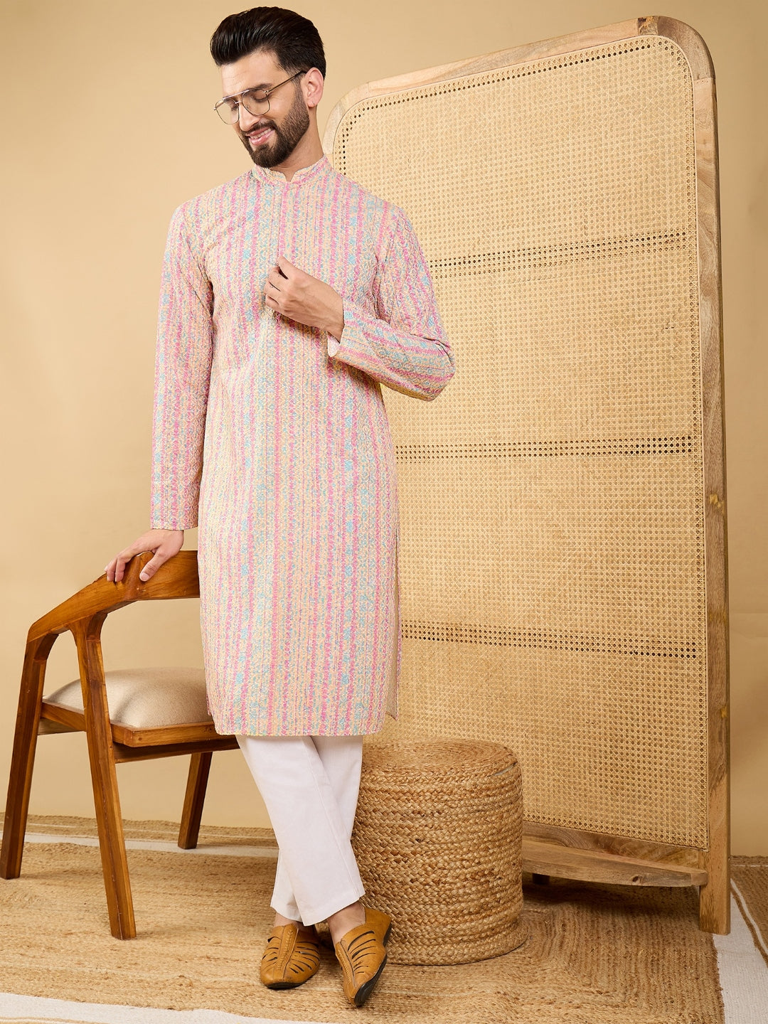 Men Multi Viscose Rayon Striped Embroidered Straight Kurta with Trouser-MKSET1038