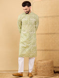 Men Olive Viscose Rayon Geometric Embroidered Straight Kurta with Trouser-MKSET1041