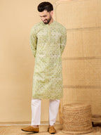 Men Olive Viscose Rayon Geometric Embroidered Straight Kurta with Trouser-MKSET1041