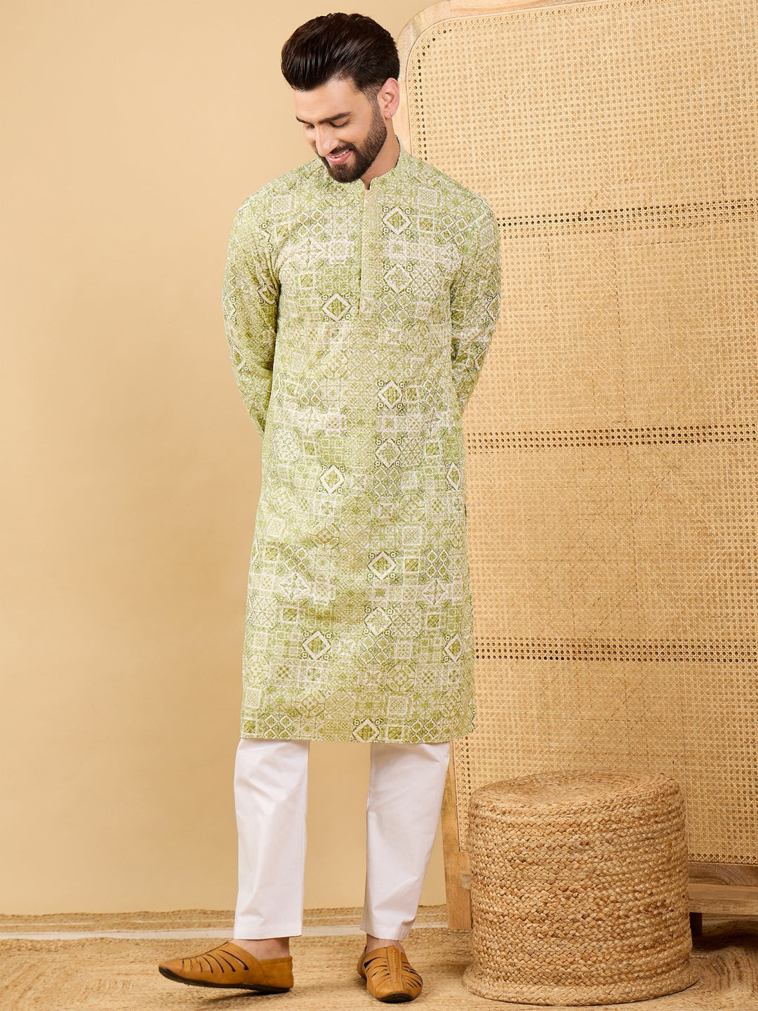 Men Olive Viscose Rayon Geometric Embroidered Straight Kurta with Trouser-MKSET1041