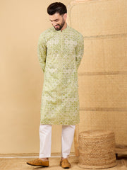 Men Olive Viscose Rayon Geometric Embroidered Straight Kurta with Trouser-MKSET1041
