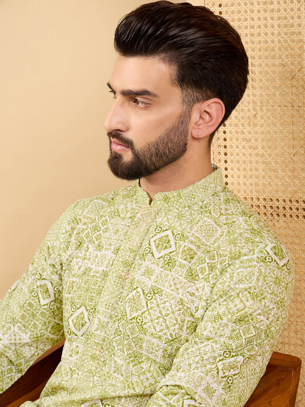 Men Olive Viscose Rayon Geometric Embroidered Straight Kurta with Trouser-MKSET1041