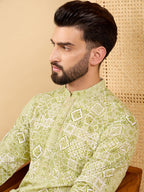 Men Olive Viscose Rayon Geometric Embroidered Straight Kurta with Trouser-MKSET1041