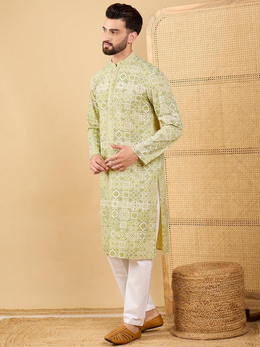 Men Olive Viscose Rayon Geometric Embroidered Straight Kurta with Trouser-MKSET1041