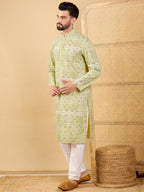 Men Olive Viscose Rayon Geometric Embroidered Straight Kurta with Trouser-MKSET1041