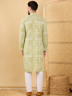 Men Olive Viscose Rayon Geometric Embroidered Straight Kurta with Trouser-MKSET1041