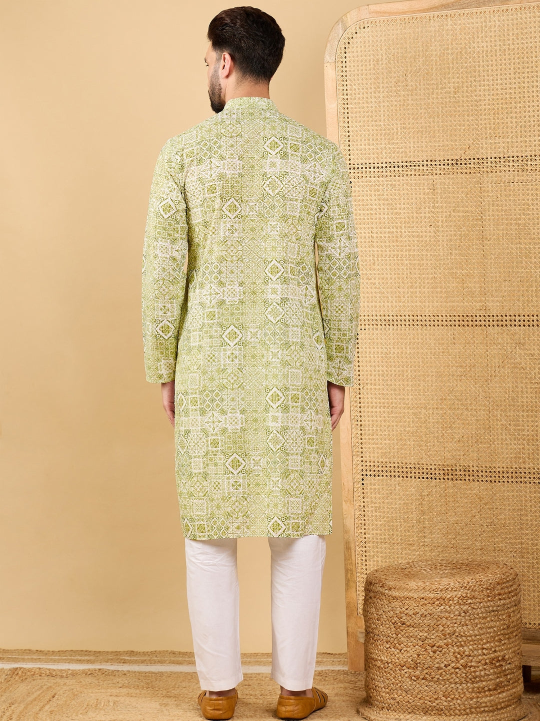 Men Olive Viscose Rayon Geometric Embroidered Straight Kurta with Trouser-MKSET1041