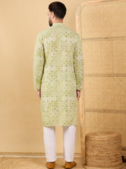 Men Olive Viscose Rayon Geometric Embroidered Straight Kurta with Trouser-MKSET1041