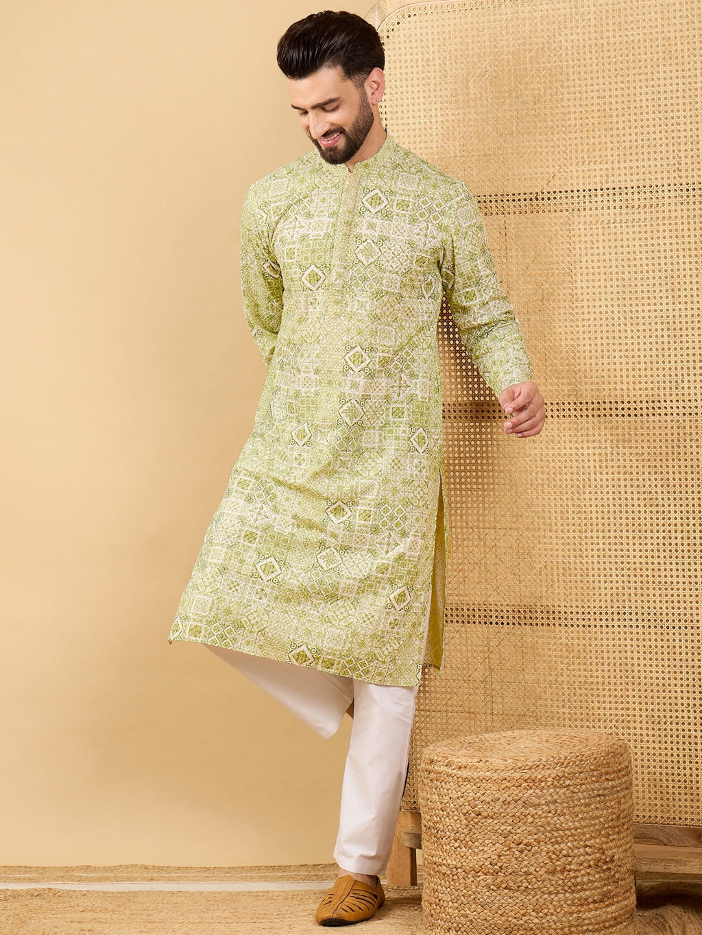 Men Olive Viscose Rayon Geometric Embroidered Straight Kurta with Trouser-MKSET1041