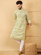 Men Olive Viscose Rayon Geometric Embroidered Straight Kurta with Trouser-MKSET1041