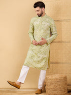 Men Olive Viscose Rayon Geometric Embroidered Straight Kurta with Trouser-MKSET1041