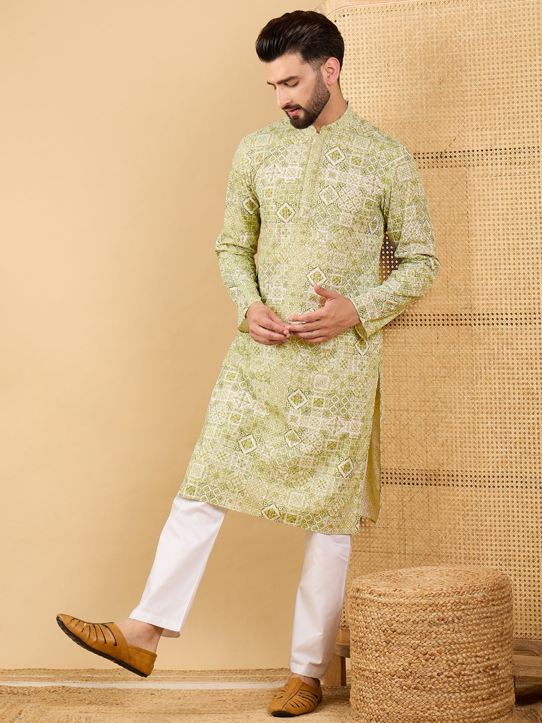 Men Olive Viscose Rayon Geometric Embroidered Straight Kurta with Trouser-MKSET1041