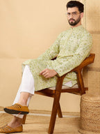 Men Olive Viscose Rayon Geometric Embroidered Straight Kurta with Trouser-MKSET1041