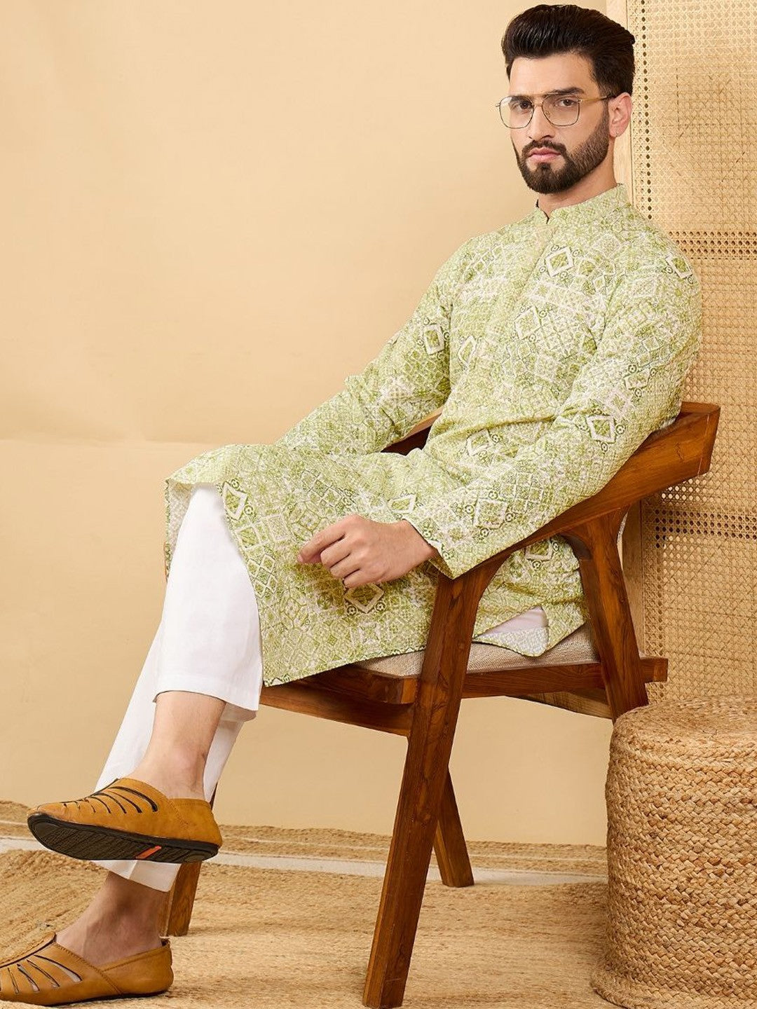 Men Olive Viscose Rayon Geometric Embroidered Straight Kurta with Trouser-MKSET1041