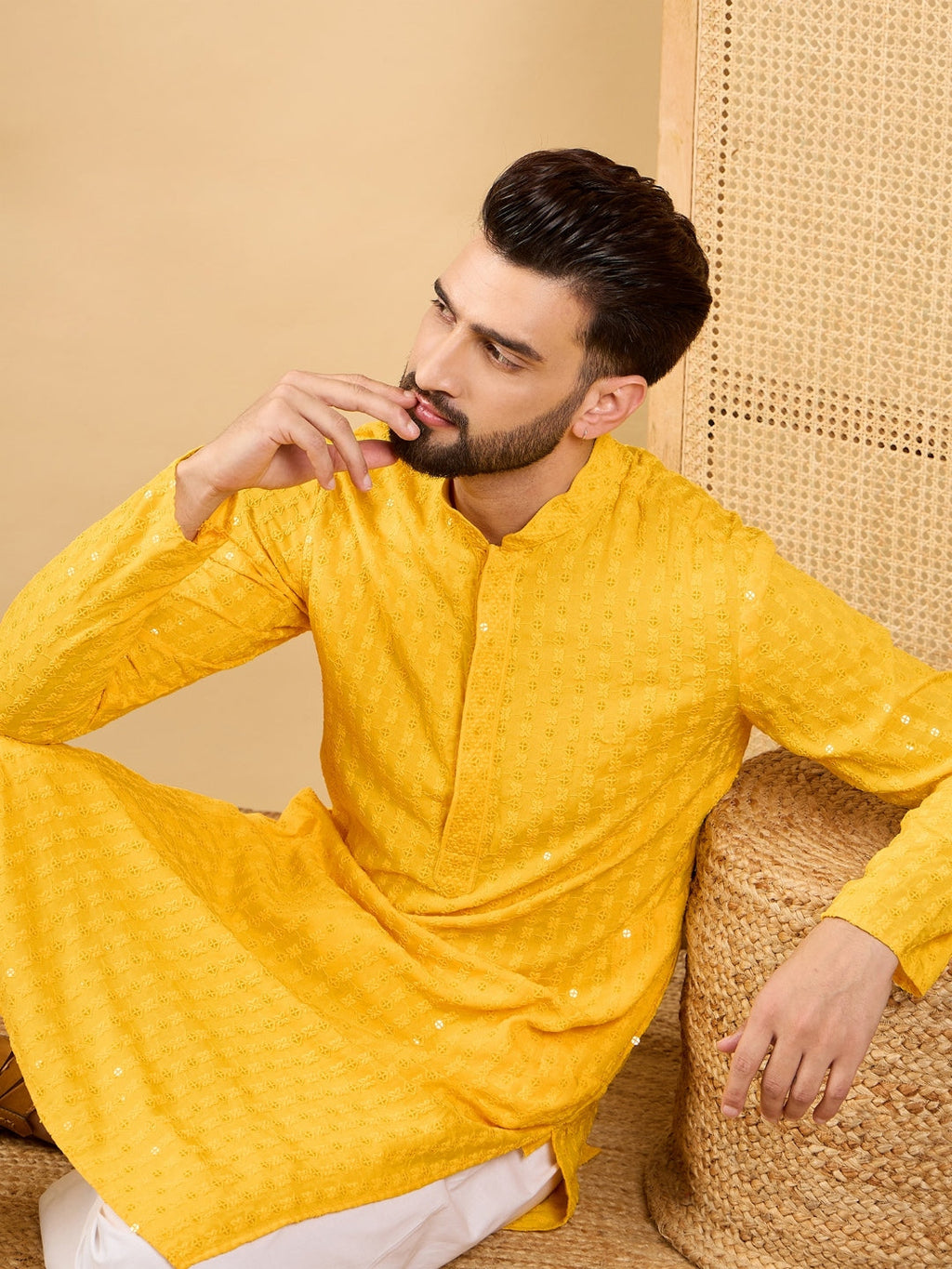 Men Yellow Viscose Rayon Solid Embroidered Straight Kurta with Trousers-MKSET1048