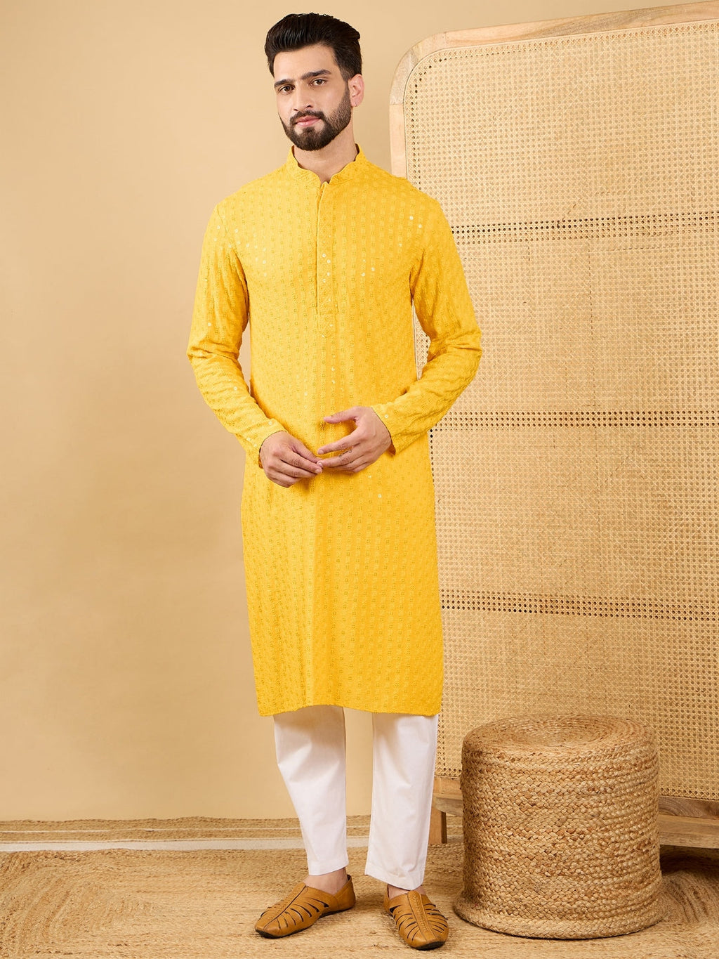 Men Yellow Viscose Rayon Solid Embroidered Straight Kurta with Trousers-MKSET1048