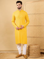 Men Yellow Viscose Rayon Solid Embroidered Straight Kurta with Trousers-MKSET1048