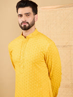 Men Yellow Viscose Rayon Solid Embroidered Straight Kurta with Trousers-MKSET1048