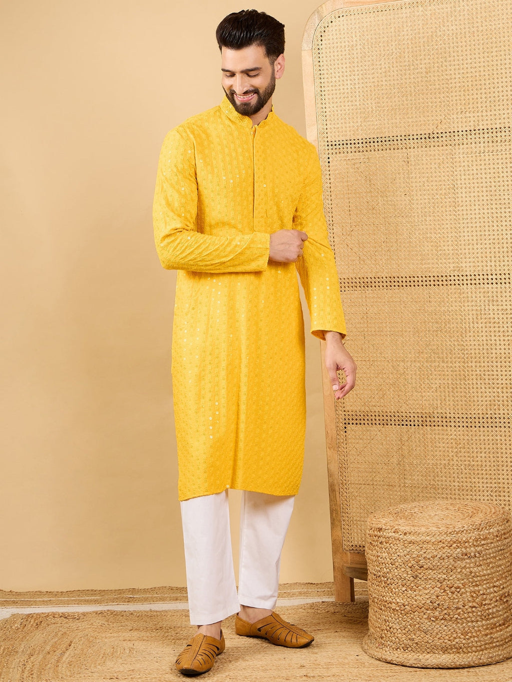 Men Yellow Viscose Rayon Solid Embroidered Straight Kurta with Trousers-MKSET1048