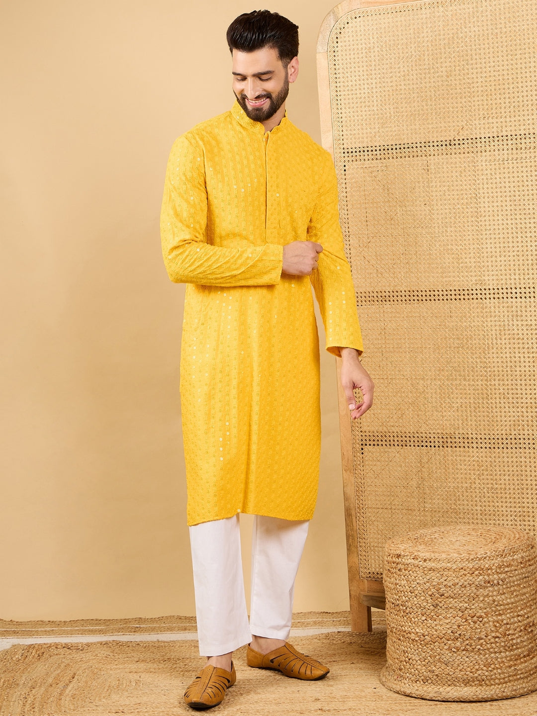 Men Yellow Viscose Rayon Solid Embroidered Straight Kurta with Trousers-MKSET1048