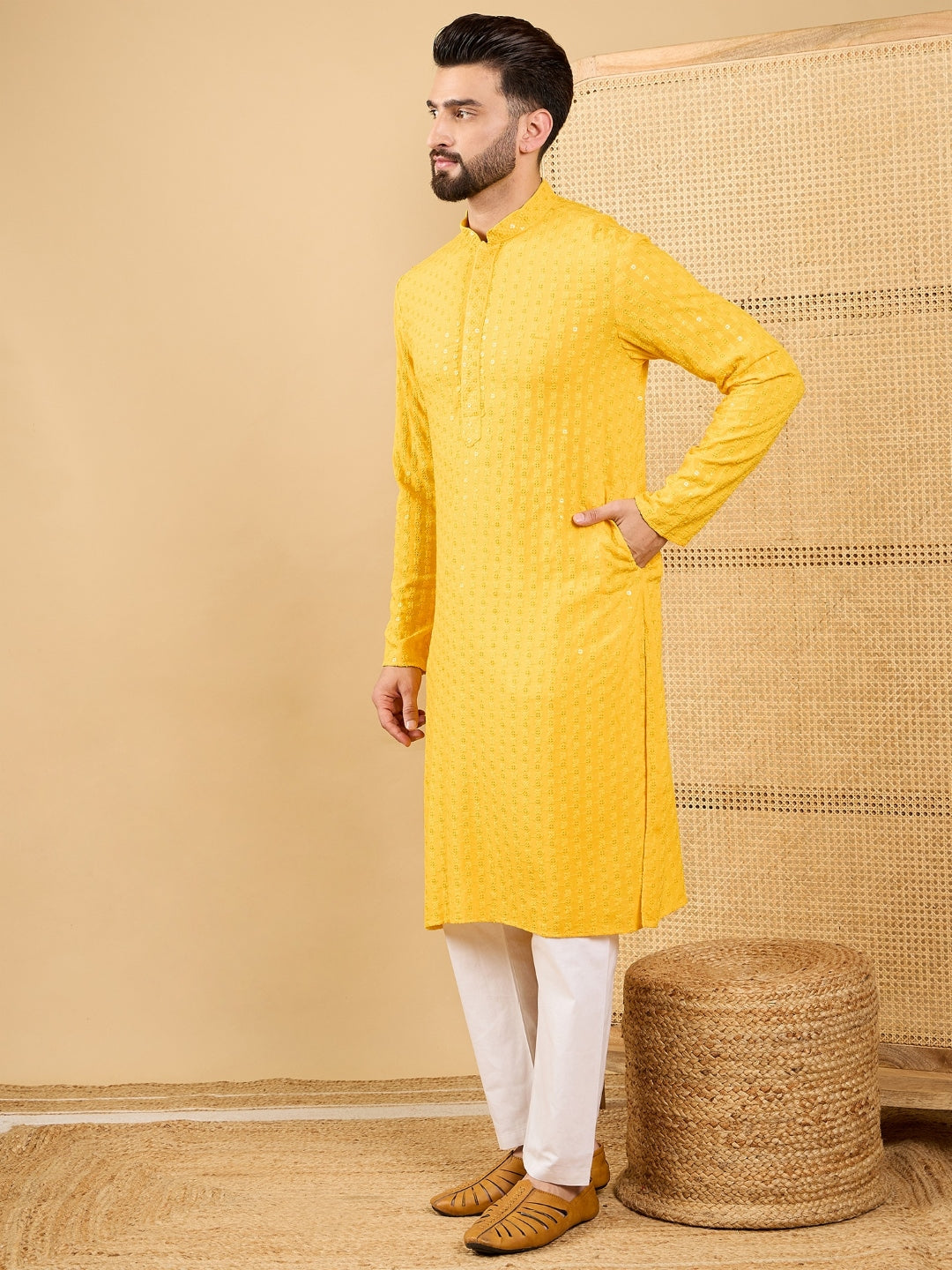 Men Yellow Viscose Rayon Solid Embroidered Straight Kurta with Trousers-MKSET1048