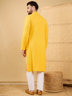 Men Yellow Viscose Rayon Solid Embroidered Straight Kurta with Trousers-MKSET1048