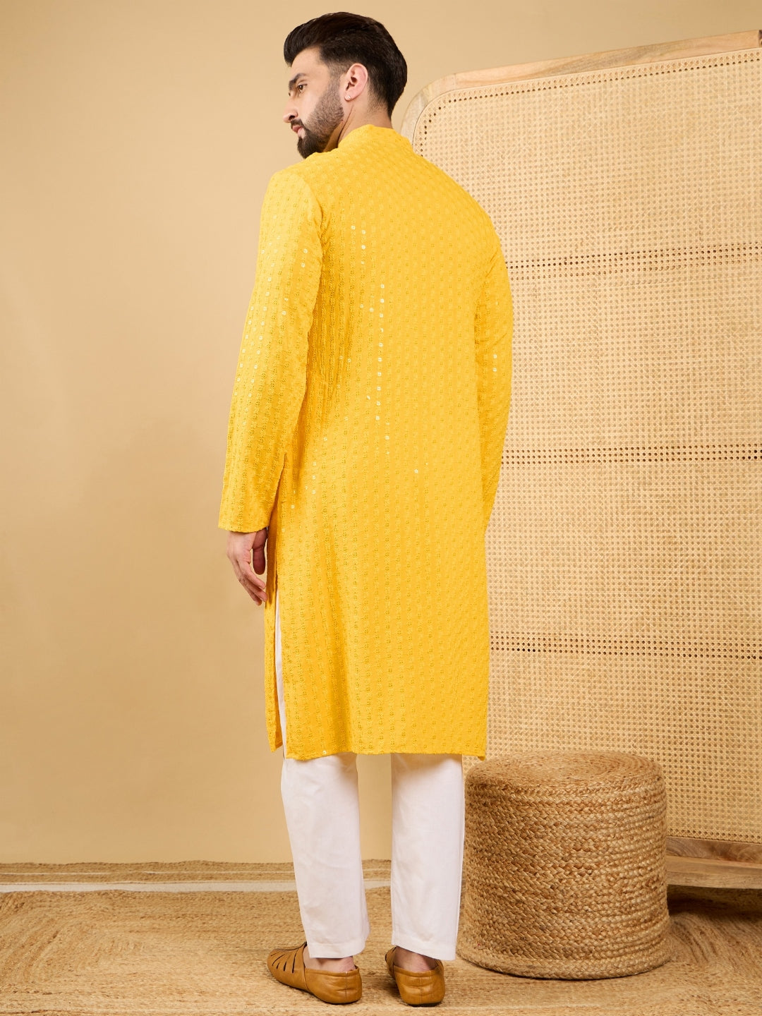 Men Yellow Viscose Rayon Solid Embroidered Straight Kurta with Trousers-MKSET1048