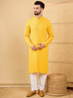 Men Yellow Viscose Rayon Solid Embroidered Straight Kurta with Trousers-MKSET1048