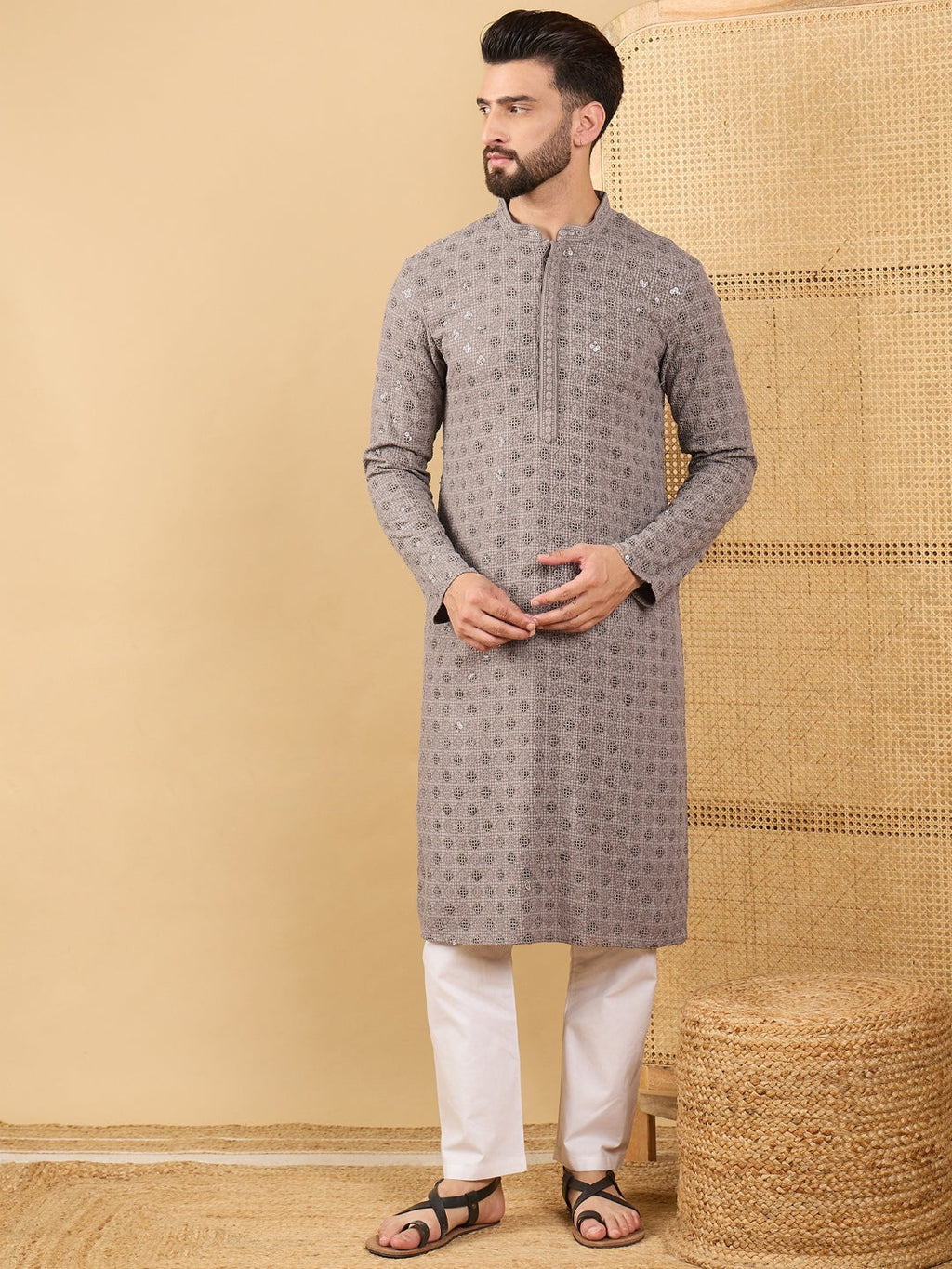 Men Grey Viscose Rayon Solid Embroidered Straight Kurta with Trouser-MKSET1049