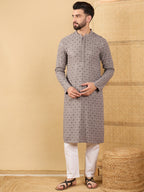 Men Grey Viscose Rayon Solid Embroidered Straight Kurta with Trouser-MKSET1049